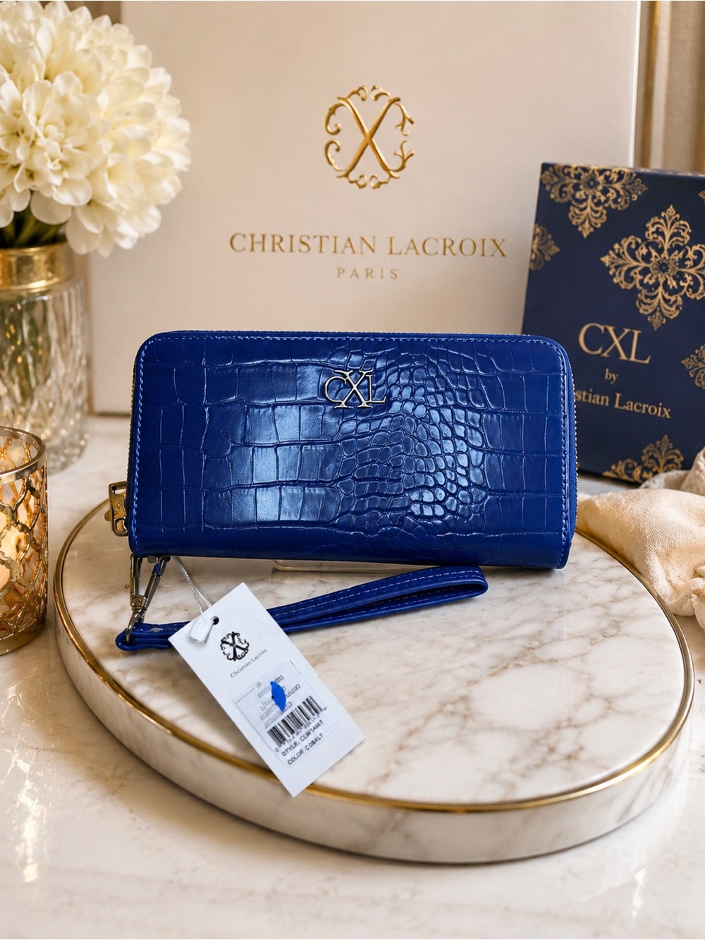 💙NWT CXL by Christian Lacroix Kara Croc-Embossed Zip-Around Wristlet Wallet –